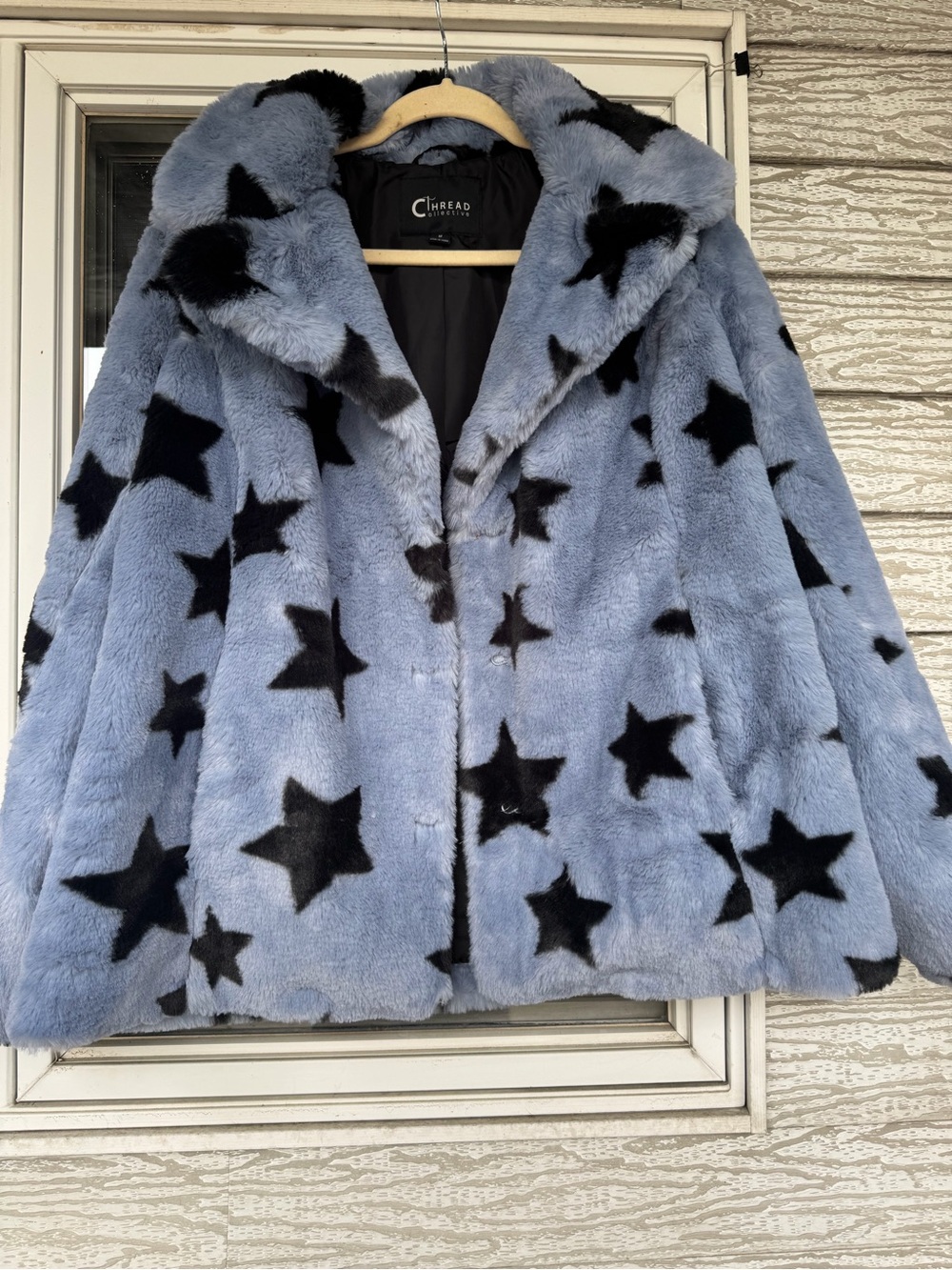 Faux fur jacket navy blue stars
